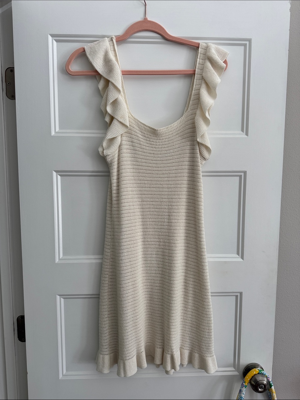 Anthropologie Cream Ruffle-Shoulder Knit Slip Dress